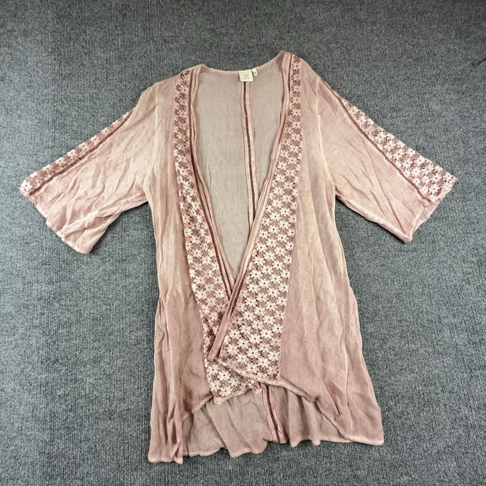 Good Luck Gem Blouse Womens Small Pink Crochet Trim Kimono Open Front N11150D